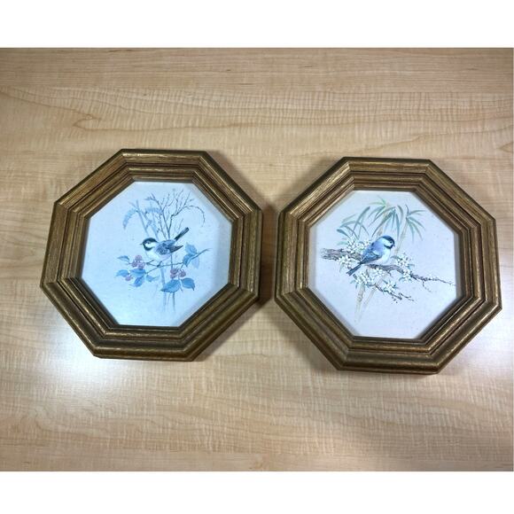 2‎ Vintage Octogon Chickadee Prints Forest Fruit & Flowers Framed - Picture 1 of 6